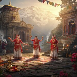 A majestic Himalayan landscape at sunrise, where ancient stone temples with intricate Nagara architecture merge seamlessly with snow-capped peaks. In the foreground, three generations of Garhwali women in traditional colorful Pichora (red and white traditional dress) perform the graceful Chanchari dance, their gold jewelry glinting in the golden light. The scene features a detailed Aipan rangoli pattern in striking red and white, flowing like a sacred river across the temple courtyard. Traditional copper utensils and Ringaal bamboo crafts are artistically arranged near weathered temple steps. The atmosphere is enhanced by wispy strands of sacred dhoop smoke, creating an ethereal effect. Blooming Buransh (rhododendron) flowers in deep crimson add vibrant splashes of color. A pair of elaborately decorated ceremonial drums (Dhol-Damau) rest against intricately carved wooden pillars. The lighting is warm and mystical, with rays of sunlight filtering through prayer flags, creating a modern yet timeless aesthetic. Art style combines hyperrealistic digital painting with traditional Pahari miniature art elements, emphasizing rich textures and cultural authenticity.