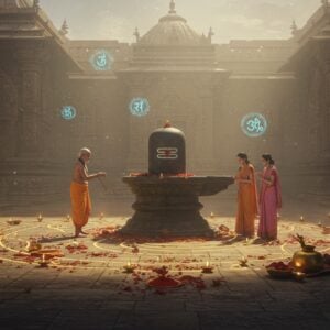 A serene Indian temple courtyard at dawn, where a dignified elderly priest in traditional white dhoti leads a group of three devotees performing Uttarvahini Parikrama (counterclockwise circumambulation) around a beautifully carved stone Shiva lingam. The lingam sits on an ornate pedestal decorated with intricate Madhubani-style patterns in gold and saffron. Ethereal golden light streams through morning mist, creating a divine atmosphere. The devotees wear traditional Indian attire in soft pastels. Floating mandalas in peacock blue and gold hover in the air, following the counterclockwise direction. The ground features a mystical spiral pattern made of scattered lotus petals and kumkum, glowing with subtle spiritual energy. Ancient Sanskrit symbols etched on temple walls emit a soft blue aura. The scene is rendered in a fusion of traditional Pattachitra art style with modern digital aesthetics, emphasizing depth and atmospheric lighting. Multiple translucent layers of the temple architecture fade into the background, creating a dimension of infinity. Small oil lamps with golden flames line the circumambulation path.