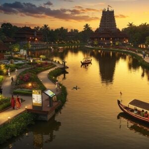 A stunning aerial view of the modernized Vadakkechira pond in Kerala, captured during golden hour sunset, with traditional Kerala-style architecture seamlessly blending with contemporary design elements. The water reflects like molten gold, surrounded by well-maintained walkways and viewing decks made of natural materials. In the foreground, a group of Indian tourists in modern casual wear explore the area, while traditional wooden boats with LED lighting gently float on the water. The scene features meticulously maintained gardens with native Kerala plants and flowers in vibrant colors. Modern, eco-friendly lighting installations illuminate the pathways, creating a magical atmosphere. The background showcases the iconic Vadakkanthara Shiva Temple with its traditional Kerala architecture, while smart information kiosks and sleek signage boards blend harmoniously with the landscape. The art style combines hyperrealistic digital photography with subtle Madhubani-inspired patterns in the sky and water reflections, creating a dreamy yet authentic atmosphere. The overall color palette features deep blues, warm golds, and rich greens, with subtle touches of purple and orange in the sunset sky.