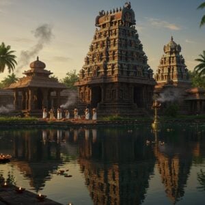 A magnificent ancient South Indian temple complex with traditional Dravidian architecture, golden-hour sunlight casting dramatic shadows across its ornate gopuram decorated with intricate sculptures. The temple reflects perfectly in a sacred pond's crystal-clear waters, creating a mirror image. In the foreground, a group of devotees in traditional Kerala attire (men in white mundus, women in cream kasavu sarees) perform evening ritual with brass lamps. Ethereal smoke from ritual fire rises, creating mystical patterns in the air. Surrounding the temple are coconut palms and flowering champaka trees. The scene features rich, deep colors - maroon, gold, and deep blue - with intricate Pattachitra-style patterns adorning the temple walls. Soft glowing diyas float on the pond surface, creating magical light reflections. The atmosphere is serene and spiritual, with a subtle golden aura surrounding the temple structure. Hyperrealistic digital art style with masterful lighting effects, maintaining both traditional authenticity and modern aesthetic appeal.