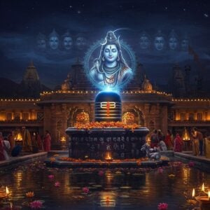 A majestic night scene of the Vaidyanath Temple illuminated by moonlight, with Lord Shiva's ethereal form emerging from the Jyotirlinga, rendered in a combination of photorealistic and divine art style. The central Jyotirlinga emanates a powerful blue-white light with intricate Sanskrit symbols floating around it. Lord Shiva appears in his traditional form - third eye prominent, crescent moon in his matted locks, serpent around his neck, holding his trishul in right hand and damaru in left, wearing tiger skin, body smeared with vibhuti. The temple architecture shows intricate Madhubani-style patterns with gold accents. Ravana's ten heads appear as ghostly forms in the background, paying homage to the temple's legend. The foreground features a sacred pond reflecting the temple's lights, with lotus flowers floating on its surface. Modern devotees in contemporary Indian attire are shown offering prayers, creating a bridge between ancient and present. The scene is enhanced with soft-glowing diyas, floating flower petals, and wisps of sacred incense smoke, all rendered in deep maroons, midnight blues, and golden hues. The entire composition has a surreal, spiritual quality with a subtle digital art finish.