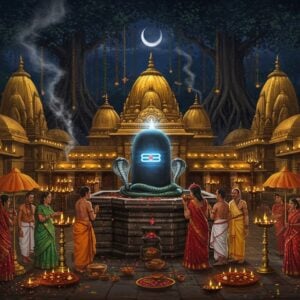 A majestic night scene of the Vaidyanath Jyotirlinga temple complex in Deoghar, rendered in a fusion of traditional Madhubani and modern digital art style. The central focus is the ancient stone Shiva lingam emanating ethereal blue light, surrounded by silver serpents. In the foreground, devotees in traditional Bengali and Jharkhand attire perform abhishekam with sacred Gangajal in copper vessels. The temple architecture features intricate details with gold-highlighted carved pillars and domes. Floating diyas and flower petals create circular patterns in the air. The background shows the sacred grove of ancient banyan trees with hanging roots, illuminated by countless oil lamps. The sky features a large crescent moon with subtle mandala patterns. The color palette combines deep midnight blues, golden yellows, and saffron oranges. Mystical smoke from incense creates swirling patterns, while bells and damaru drums float ethereally in the corners. The scene is enhanced with soft glowing auras and particle effects, creating a supernatural atmosphere that captures both the historical significance and divine essence of the jyotirlinga.