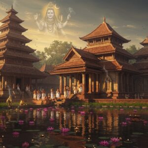 An ancient majestic Kerala-style temple with sloping tiered roofs and copper-plated pinnacles, illuminated by golden morning sunlight. The temple's reflection shimmers in a sacred pond filled with pink lotus flowers. A procession of devotees in traditional Kerala attire (men in white mundus, women in cream kasavu sarees) walking towards the main sanctum. Lord Shiva manifests as a ethereal translucent form above the temple, depicted with four arms - upper right holding trishul, upper left holding damaru, lower hands in abhaya and varada mudras, wearing a crescent moon in his matted locks, with sacred Ganga flowing. The scene features traditional Kerala temple elements like brass lamps, elephant statues, and intricate wooden carvings. The atmosphere is mystical with swirling incense smoke, floating oil lamps in the pond, and subtle golden auras. The color palette combines deep browns, aged copper, ivory white, and gold accents, with hints of vermillion and saffron. Art style merges hyperrealistic architectural details with ethereal spiritual elements, rendered in high-quality digital art with atmospheric lighting effects.