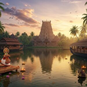 A serene aerial view of Vaikom's ancient temple town at golden hour, featuring the majestic Vaikom Mahadeva Temple with its traditional Kerala architecture and golden-tipped gopuram reflecting in still backwaters. Traditional wooden Kerala houseboats adorned with intricate Madhubani-style patterns glide through emerald waterways lined with swaying coconut palms. In the foreground, a group of Kathakali dancers in vibrant costumes and elaborate makeup perform on a wooden platform near the shore. The scene is enhanced with floating brass oil lamps and lotus flowers in the water, creating golden ripples. The sky features soft pastel purples and oranges with delicate cloud formations resembling traditional Kerala mural patterns. The entire composition is rendered in a fusion of hyperrealistic digital art with traditional Kerala mural painting style, incorporating rich jewel tones of peacock blue, deep maroon, and gold. Ethereal light streams through the coconut trees, creating a mystical atmosphere that highlights the spiritual and cultural heritage of the location.