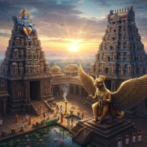 A majestic aerial view of an intricately carved Dravidian-style Vaishnava temple complex at sunrise, with its towering golden gopuram adorned with detailed sculptures of Vishnu's dashavatars. The temple features traditional South Indian architecture with concentric courtyards, featuring a massive stone Garuda statue in the foreground, its wings spread majestically. Lord Vishnu reclines on Adisesha in ethereal blue hues above the temple, creating a divine atmosphere with soft, glowing orbs of light. The scene includes devotees in traditional South Indian attire performing pradakshina around the temple. The color palette combines deep blues, rich golds, and warm terracotta, with intricate Madhubani-style patterns adorning the temple walls. Sacred lotus ponds reflect the morning light, while peacocks roam the temple grounds. Mystical rays of sunlight filter through ornate pillars, creating dramatic light patterns. The atmosphere captures both grandeur and serenity, with floating flower petals and subtle smoke from temple lamps adding to the spiritual ambiance. Photorealistic digital art style with attention to architectural details and cultural accuracy.