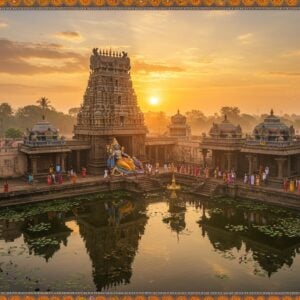 A majestic aerial view of Vaithamanidhi Perumal Temple during sunrise, with golden rays illuminating its ornate Dravidian architecture. Lord Vishnu in a reclining position on Adisesha with 4 hands - lower right hand in abhaya mudra, upper right hand holding chakra, lower left hand pointing to his feet, and upper left hand holding conch. The temple's reflection shimmers in a serene lotus-filled pond in the foreground. Intricate Madhubani-style border patterns frame the scene, featuring traditional Tamil temple motifs in deep peacock blue and saffron. Devotees in traditional attire circumambulating the temple, their forms creating a flowing pattern. Soft morning mist adds an ethereal quality, with subtle mandala patterns in the sky. The lighting is warm and divine, with rays of light creating a heavenly atmosphere. Modern digital art style merged with traditional Indian art elements, maintaining photorealistic architecture details while adding spiritual symbolism through glowing auras and divine light effects.