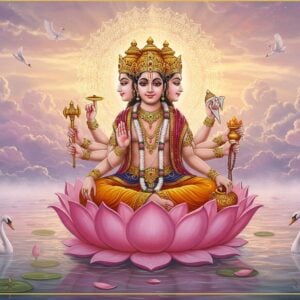 Lord Brahma seated in padmasana on a giant pink lotus floating in cosmic waters, with four distinct faces radiating divine wisdom, each face expressing different emotions - peace, knowledge, creation, and meditation. His four hands hold sacred objects - Vedas in upper right, water vessel (kamandalu) in upper left, prayer beads (aksha mala) in lower right, and sacrificial ladle in lower left. He wears vibrant saffron and golden robes adorned with intricate Madhubani patterns. A mesmerizing golden mandala halo surrounds him, emanating sacred Sanskrit vibrations visualized as luminous ripples. Swans (hamsa) gracefully circle around him. The cosmic scene features ethereal mist in soft pastel hues of dawn - pearl pink, lavender, and golden. Floating lotus petals and sacred geometric patterns merge traditional Pattachitra art style with modern digital aesthetics. Divine light rays pierce through cosmic clouds, creating a serene yet powerful atmosphere. The composition emphasizes both Brahma's supreme creative power and the meditative essence of Vedic wisdom.