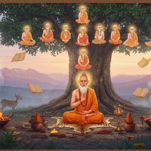 A serene mountain ashram setting at dawn with a majestic ancient sage Vamadeva in meditation posture, wearing traditional saffron robes with sacred thread, seated on a tiger skin mat. His form emanates a soft golden aura. Behind him, a massive Bodhi tree with intricate Madhubani-style patterns on its leaves in gold and deep maroon. A ethereal visualization of his lineage appears as seven enlightened sages in a vertical arrangement above him, connected by a glowing thread of light. The scene features floating Sanskrit manuscripts and vedic symbols in peacock blue. Sacred fire burns in traditional copper vessels on either side. The background shows the Himalayas with misty peaks in pastel pinks and blues. Intricate Pattachitra-style border frames the entire scene with traditional motifs of lotus and Om symbols. The lighting is mystical with soft golden rays filtering through the tree, creating patterns on the ground. Traditional elements like rudraksha beads, kamandalu, and meditation beads are scattered naturally in the scene. Multiple ethereal deers graze peacefully in the foreground, symbolizing the peaceful hermitage environment. Art style combines hyperrealistic digital painting with traditional Indian art elements.