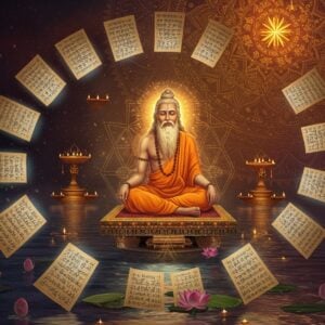 A serene Indian sage with long silver hair and traditional rudraksha beads, seated in padmasana on a sacred geometrical platform floating above calm waters. He radiates a soft golden aura while ancient Sanskrit manuscripts hover around him in a spiral pattern. The manuscripts emit ethereal blue light and contain intricate Devanagari script patterns. In the background, a large, detailed mandala in gold and deep saffron colors slowly rotates, incorporating elements of the four Vedas. The scene is illuminated by mystical floating diyas creating a warm, spiritual atmosphere. Sacred symbols like Om and swastikas are subtly woven into the mandala's design. The color palette combines deep maroons, peaceful blues, and warm golds. Traditional Madhubani-style border patterns frame the entire scene, while lotus flowers in various stages of bloom float on the water's surface. The water reflects the golden light, creating a mirror-like effect. Art style should blend traditional Indian miniature painting techniques with modern digital art aesthetics, emphasizing photorealistic details in the sage's features while maintaining a mystical, surreal quality to the overall composition.