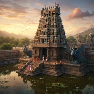 A majestic aerial view of Vanamamalai Perumal Temple during golden hour, with its distinctive South Indian Dravidian architecture rising against a mystical sky filled with soft pink and orange clouds. The main gopuram features intricate, multi-tiered carved details with traditional gold leaf finishing, surrounded by lush green forest-covered hills. In the foreground, a serene temple pond reflects the temple's grandeur, with blooming lotus flowers in pastel pink and white. Lord Vishnu's vahana Garuda stands prominently near the entrance, crafted in polished black stone. Devotees in traditional attire circumambulate the temple prakaram, creating a sense of scale. The scene is illuminated by warm divine light streaming through clouds, casting ethereal shadows. The art style combines hyperrealistic architectural details with Pattachitra-inspired decorative elements, featuring rich colors like deep blues, burnt gold, and terra cotta. Small oil lamps line the temple steps, their flames creating a magical ambiance. Intricate mandala patterns and peacock motifs adorn the temple walls, rendered in a modern minimalist style while maintaining traditional symbolism.
