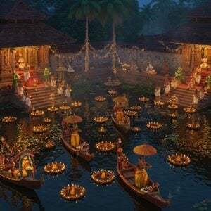 A vibrant aerial view of a traditional Kerala temple pond (Vanchikulam) at dusk, illuminated by hundreds of floating brass oil lamps creating intricate patterns on the water surface. Traditional wooden vallams (snake boats) decorated with jasmine garlands and golden parasols glide gracefully across the water. Hindu priests in cream-colored mundus perform aarti on the temple steps, their brass lamps creating golden reflections. The temple architecture features authentic Kerala-style elements with copper-topped roofs and intricate wooden carvings. In the foreground, classical Bharatanatyam dancers in rich silk costumes (red and gold) perform near the pond's edge. The scene is enhanced by strings of warm yellow lights hanging between tall coconut trees. Harmonious blend of Madhubani and Kerala mural art styles, with detailed peacock motifs and lotus patterns adorning the temple walls. The atmosphere is mystical with subtle smoke from incense creating a dreamy haze, while maintaining photorealistic quality. Include traditional chenda melam musicians in traditional attire performing in one corner.