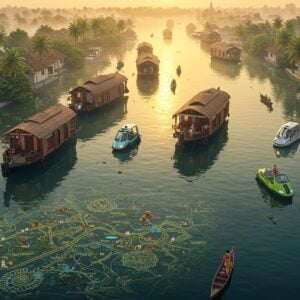 A stunning aerial view of a traditional Kerala waterway with houseboats adorned in Madhubani-style patterns, floating on serene backwaters reflecting golden sunset light. Modern electric water taxis with sleek designs blend seamlessly with traditional vessels. The scene features intricate pathways lined with coconut palms and traditional Kerala architecture transformed into modern homestays. In the foreground, a detailed map-like pattern in gold and peacock blue emerges from the water like glowing mandalas, showing waterways and roads. The composition includes small vignettes of local life - women in traditional Kerala sarees working in spice gardens, fishermen with modern fishing equipment, and eco-friendly transportation hubs. The art style combines traditional Pattachitra techniques with contemporary digital art, using a color palette of deep teals, burnished gold, warm earth tones, and soft coral highlights. Ethereal mist hovers over the water, creating a dreamy atmosphere while maintaining geographical accuracy, with detailed architectural elements mixing traditional and futuristic designs.