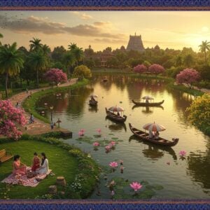 A serene aerial view of a lush urban park with a tranquil lake at its center, surrounded by traditional Kerala-style landscaping with coconut palms and flowering trees. The scene features intricate Madhubani-style borders with peacock motifs in deep blues and golds. In the foreground, a beautiful young Indian family in modern casual wear enjoys a picnic on manicured lawns, while traditional wooden boats with colorful umbrellas glide across the calm waters. The background showcases glimpses of Thrissur's skyline with the iconic Vadakkumnathan temple dome visible in golden hour lighting. Lotus flowers dot the lake surface, their petals rendered in soft pink pastels with ethereal glowing edges. Walking paths wind through the park like flowing ribbons, decorated with traditional Kerala mural art patterns. Benches under flowering plumeria trees create intimate seating spaces. The overall composition combines photorealistic architecture with mystical Indian art elements, bathed in warm sunset colors of saffron and gold, with hints of peacock blue in the water reflections. The scene captures both recreational activity and peaceful contemplation, with soft glowing orbs of light floating above the water surface.