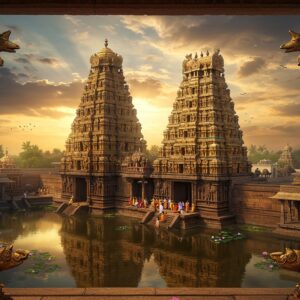 A majestic aerial view of the Varadharaja Perumal Temple during golden hour, with its towering 100-foot golden-hued gopuram adorned with intricate Dravidian sculptures. The main temple complex features Lord Vishnu as Varadharaja Perumal in His cosmic form, standing tall with four arms holding the Sankha, Chakra, Gada, and Padma. The temple pond reflects the structure creating a mirror image, with lotus flowers floating on its surface. Rays of divine light pierce through dramatic clouds, illuminating the temple's ancient stones. In the foreground, devotees in traditional South Indian attire circumambulate the temple. The scene includes the famous wooden lizards on the ceiling, rendered in gold. The architectural details showcase the Vijayanagara style with detailed carved pillars and mantapams. Art style combines hyperrealistic digital rendering with traditional South Indian temple art aesthetics, emphasizing the play of light and shadow on the ancient stone structures. The color palette features rich golds, deep browns, and warm oranges, with hints of celestial blue in the sky.