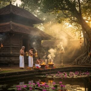 A magnificent ancient stone temple structure in Kerala architectural style with sloped tiled roofs and intricate wooden carvings, set against a warm golden sunset. The temple's reflection shimmers in a sacred pond filled with pink lotus flowers. In the foreground, three traditionally dressed Malayalam priests in white mundus and bare-chested with sacred threads perform an elaborate puja ritual with brass lamps and flowers. Ethereal smoke from ritual fire rises in artistic swirls, creating mystical patterns in the air. The scene is adorned with traditional Kerala elements like brass nilavilakku lamps, banana leaves, and coconut garlands. The lighting is dramatic with golden hour sunlight filtering through the smoke, creating a divine atmosphere. The temple grounds feature ancient banyan trees with hanging roots decorated with glowing oil lamps. The art style combines photorealistic architectural details with mystical Indian traditional art elements, featuring rich colors like deep maroon, burnished gold, and forest green. Mandala patterns subtly emerge from the smoke patterns, while the overall composition maintains a serene, spiritual ambiance with soft glowing highlights.