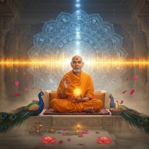 A serene Indian guru in traditional saffron dhoti seated in padmasana on an ornate marble platform, hands gracefully positioned in mudras, chanting with visible golden sound waves emanating from his mouth. Behind him, a large, intricate mandala glows with ethereal blue light, incorporating Sanskrit-inspired patterns. Floating peacock feathers and lotus petals surround him, each emitting a soft luminescence. The background features a mystical temple architecture with carved pillars in Madhubani art style. Multiple translucent layers of sound vibrations ripple through the scene in concentric circles, rendered in shimmering gold and white. Sacred geometry patterns emerge from the vibrations, while subtle representations of the seven chakras float in ascending order. The lighting is warm and divine, with rays of morning sun filtering through ornate temple windows. The atmosphere is misty with traces of sacred incense smoke, creating a dreamlike quality. The art style combines hyperrealistic details with spiritual symbolism, using a color palette of deep saffron, celestial blue, burnished gold, and soft ivory.