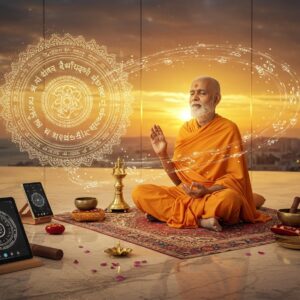 A serene scene in a modern meditation space with polished marble floors, where an elderly Indian guru in traditional white dhoti sits cross-legged on an intricately designed meditation mat. He's surrounded by a floating, digital holographic mandala displaying Sanskrit verses in golden light. The guru's hands are positioned in chin mudra, with a subtle golden aura around him. In the background, contemporary glass walls showcase a sunrise, while traditional brass bells and singing bowls are elegantly arranged nearby. A state-of-the-art tablet device displaying a Vedic chanting app rests on a minimalist wooden stand. Ethereal swirls of energy in saffron and white emanate from the guru's chanting, forming sacred geometric patterns in the air. The lighting is warm and diffused, creating a perfect blend of ancient wisdom and modern technology. The art style combines hyperrealistic digital rendering with traditional Madhubani patterns in the details, particularly in the guru's shawl and the meditation mat. The scene includes subtle elements like floating lotus petals and wisps of sandalwood incense, creating a mystical atmosphere.