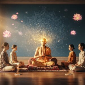 A serene indoor scene showing a young Indian spiritual teacher in traditional white dhoti and angavastram, sitting cross-legged on an intricately designed meditation cushion, teaching Vedic chanting to three students. The teacher's hands are positioned in chin mudra, eyes peaceful and focused. Golden sound waves emanate from his mouth, visualized as ornate Sanskrit-inspired patterns in shimmering light. The students, dressed in modern yet modest Indian attire, mirror his posture. The setting features a contemporary minimalist temple space with polished wooden floors, illuminated by soft morning light streaming through large windows. In the background, a large mandala design in peacock blue and gold adorns the wall. Floating ethereal lotuses in pastel pink and white hover in the air, each emitting a soft glow. Hints of incense smoke create delicate swirls in the air. The scene combines Madhubani art patterns in the details with modern digital art aesthetics, emphasizing the fusion of ancient wisdom with contemporary practice. The lighting is warm and diffused, creating a mystical atmosphere with gentle lens flares and soft shadows.
