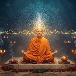 A serene Indian meditation scene featuring a young Indian sage in saffron robes sitting cross-legged on a marble platform, surrounded by swirling, luminescent Sanskrit vibrations visualized as golden energy waves. The sage's face is peaceful, eyes closed, with a subtle golden aura. Behind him, a large, intricate mandala pattern in deep blue and gold floats in the air, with smaller mandalas orbiting it. Sacred geometric patterns in pastel colors emerge from his chanting mouth, transforming into ethereal lotus flowers. The environment features floating diyas with soft glowing flames, wisps of sandalwood incense smoke forming mystical patterns. The lighting is otherworldly, with warm golden rays filtering through a morning mist. Peacock feathers and rudraksha beads are scattered artistically around. The art style combines traditional Madhubani patterns in the borders with modern digital art techniques, creating a photorealistic yet mystical atmosphere. The color palette focuses on deep maroons, celestial blues, and metallic golds.