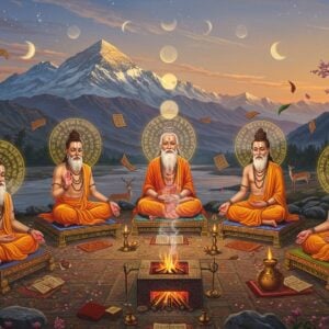 A serene Himalayan mountain backdrop at dawn with seven distinguished Vedic Rishis seated in lotus positions on ornate meditation platforms. They wear traditional saffron-colored clothing with sacred threads. Each sage radiates a distinct golden aura, merged with swirling Devanagari scriptures transforming into ethereal light. In the foreground, a sacred fire altar (yajna kund) burns with mystical blue-golden flames. Ancient manuscripts and palm leaves float around them, emanating soft light. The scene includes symbolic elements: a celestial river flowing nearby, sacred deer grazing peacefully, and blooming rudraksha trees. The Rishis have long flowing white beards, matted locks, and hold traditional items - some with kamandalu (water pot), others with prayer beads. Multiple moons and suns appear in the cosmic background, suggesting their divine vision. The art style combines hyperrealistic digital rendering with traditional Pattachitra patterns in the details, using a color palette of deep ochres, celestial blues, and luminous golds. The atmosphere suggests deep meditation and spiritual power, with subtle sacred geometry patterns floating in the air.