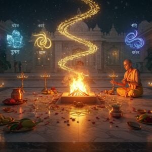 A serene nighttime scene showing a traditional Indian priest performing a sacred fire ritual (havan) in a modern marble temple courtyard. The fire emits ethereal golden flames that spiral upward, creating intricate Vedic symbols and Sanskrit patterns in the smoke. Multiple brass diyas and copper kalashes arranged in geometric mandala patterns surround the ritual space. The priest wears a pristine white dhoti with golden border and angavastram, performing mudras with precise hand gestures. Floating above are hyperrealistic visualizations of the five elements - earth (crystal), water (flowing river), fire (floating flames), air (swirling wind patterns), and ether (cosmic energy) - each rendered in luminescent colors. The background features ornate temple architecture merging traditional and modern design with soft uplighting. Scattered rose petals, fresh mango leaves, and ritual items like copper vessels, ghee pot, and wooden spoons are artistically arranged. The overall scene bathes in a magical combination of fire glow and moonlight, creating dramatic shadows and highlighting the sacred geometry patterns on the marble floor. Style: Photorealistic digital art with elements of traditional Madhubani patterns, atmospheric lighting, and a cinematic composition.