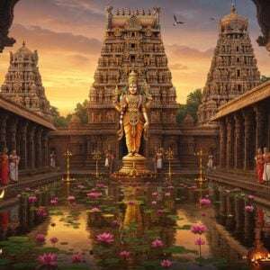 A majestic Dravidian temple complex at sunset, with towering gopurams adorned with intricate gold-accented sculptures depicting Lord Vishnu's avatars. The main sanctum features a detailed, luminous representation of Lord Veeraraghava (Vishnu) in a standing posture with four arms - holding Sankha, Chakra, Gada, and Padma, adorned with traditional temple jewelry and a golden crown. The temple's reflection shimmers in a sacred pond filled with pink lotus flowers. The scene is enhanced by ethereal light rays filtering through ornate pillared mandapas, illuminating the traditional stone carvings in warm golden hues. The foreground showcases detailed Madhubani-style patterns merging with modern digital art elements, featuring peacocks, sacred tulsi plants, and devotees in traditional South Indian attire. The color palette combines deep maroons, peacock blues, and saffron with subtle pastel undertones. Floating diyas and spiritual symbols create a mystical atmosphere, while the architectural details showcase the grandeur of Dravidian temple architecture with hyperrealistic rendering and soft ethereal lighting.