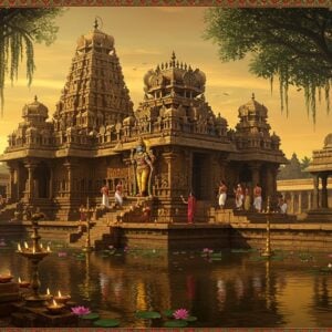 A majestic ancient South Indian temple architecture with towering gopuram adorned with intricate Dravidian sculptures, captured during golden hour sunrise. The main temple structure features Lord Veeraraghava (Vishnu) in a standing posture with four arms - holding Shankha, Chakra, Gada, and Padma, adorned in traditional temple jewelry and bright yellow vastram. The temple pond in the foreground reflects the golden sky, with lotus flowers floating on its surface. Traditional oil lamps and brass diyas line the temple steps, their flames creating a warm glow. Devotees in traditional South Indian attire perform pradakshina around the temple. The scene incorporates Madhubani-style decorative elements in the borders with peacock motifs and geometric patterns. The color palette includes deep gold, saffron, maroon, and peacock blue, with ethereal light rays filtering through the temple pillars. The surrounding landscape shows banyan trees with hanging roots and stone mandapams with detailed carvings, all rendered in a harmonious blend of traditional and digital art styles.