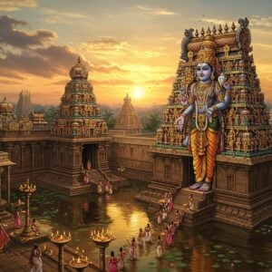 A majestic aerial view of an ancient Dravidian temple complex with towering gopurams adorned with intricate golden sculptures, focused on the main Veeraraghava Swamy temple in Tiruvallur. Lord Vishnu as Veeraraghava is depicted in a standing posture with four arms - upper right hand holding the Sudarshana Chakra, upper left hand holding the conch shell, lower right hand in abhaya mudra, and lower left hand pointing downward. The deity is rendered in traditional South Indian temple art style with rich gold ornaments and a serene expression. The temple pond reflects the golden sunset sky, creating a mirror-like effect. The foreground shows devotees circumambulating the temple with oil lamps, their traditional attire flowing in the gentle breeze. Intricate Madhubani-style patterns frame the scene, incorporating Vaishnava symbols like the Namam and lotus motifs. The lighting is ethereal with soft golden rays filtering through clouds, creating a divine atmosphere. The art style combines hyperrealistic architectural details with mystical elements like floating lotus flowers and subtle divine light emanating from the main sanctum. The color palette focuses on deep maroons, brilliant golds, and peaceful blues, characteristic of South Indian temple architecture.