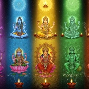 A mesmerizing vertical spectrum of seven divine rays emanating from a central ornate golden mandala, each ray represented by traditional Indian deities and symbols: Violet ray shows Lord Krishna with his flute amidst purple lotuses, Indigo depicts Lord Shiva in deep meditation with crescent moon, Blue showcases Vishnu reclining on Shesha with cosmic waves, Green features Goddess Lakshmi seated on a emerald lotus with coins flowing, Yellow shows Sun God Surya in his seven-horse chariot, Orange displays Hanuman with his tail forming a spiral of energy, and Red shows Goddess Kali with her tongue out and garland of skulls. The background features intricate Madhubani-style patterns with peacocks, flowers, and geometric designs. The scene is illuminated by ethereal light, creating a mystical atmosphere with floating diyas, sacred threads, and smoke from incense. The color transitions are smooth and radiant, with each section containing traditional Indian motifs and symbols specific to that color's spiritual significance. The overall composition appears like a modern digital mandala with photorealistic details of the deities and traditional art elements, set against a dark cosmic background with sparkling stars and subtle sacred geometry patterns.
