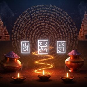 An ethereal scene showing three sacred vibhuti lines glowing in brilliant white against dark skin, emanating spiritual energy in golden hues. The background features a large, intricate mandala pattern composed of Sanskrit, Tamil, and Telugu scripts seamlessly blending into each other. Floating around are traditional vessels holding vibhuti - a copper Telugu puja plate, a silver North Indian dhuni, and a Kerala-style bronze container, each emitting soft mystical light. Sacred ash particles sparkle and swirl in a spiral pattern, creating a bridge between the vessels. The scene is framed by delicate smoke tendrils forming the shapes of various temple architectural styles - Nagara, Dravida, and Vesara. Soft focus lighting in deep indigo and saffron creates a mystical atmosphere. The art style combines hyperrealistic textures with traditional Madhubani patterns, rendered in high-quality digital art with volumetric lighting. Multiple small oil lamps with golden flames float at different depths, adding dimension and spiritual warmth to the composition.