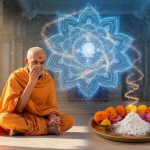 A serene Indian yogi in traditional saffron robes seated in padmasana on a marble floor, applying sacred vibhuti ash in three horizontal lines across his forehead. His face radiates divine peace with closed eyes and a subtle smile. Behind him, a large, intricate mandala made of light and sacred geometry patterns glows in soft blues and golds. Floating particles of vibhuti create ethereal swirls in the air, catching mystical light. In the foreground, a polished brass plate holds a small heap of pure white vibhuti powder, surrounded by marigold flowers and lotus petals. The scene is illuminated by both natural sunlight streaming through temple windows and spiritual aura, creating a harmonious blend of light and shadow. The background features subtle elements of a modern temple interior with clean lines and minimalist architecture, while maintaining traditional motifs. The art style combines hyperrealistic digital rendering with traditional Madhubani patterns in the details, especially in the mandala and architectural elements. The overall color palette focuses on whites, saffrons, and warm golds with accents of peaceful blues.