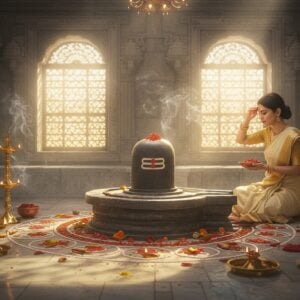 A serene indoor temple setting with soft golden light filtering through ornate windows, featuring a pristine marble altar with an intricately carved Shiva lingam as the centerpiece. Sacred white vibhuti bhasma arranged in perfect circular patterns around the lingam, creating mesmerizing mandala-like designs. Wisps of fragrant temple incense smoke curl through the air, catching the light to form ethereal patterns. In the foreground, a modern young Indian woman in a cream silk saree with minimal gold jewelry performing puja, her hands gracefully applying vibhuti on her forehead. The scene combines traditional Madhubani art patterns on the temple walls with modern digital art elements, featuring a color palette of pure whites, warm golds, deep greys, and subtle saffron accents. Floating particles of vibhuti create a mystical atmosphere, illuminated by rays of morning light. Several small brass diyas with glowing flames are placed strategically around the lingam, casting dancing shadows. The overall composition should convey both deep spirituality and contemporary relevance, with hyper-realistic textures especially for the vibhuti powder.
