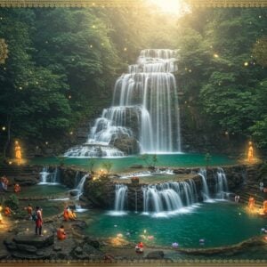 A breathtaking aerial view of Vibhuti Falls cascading down multiple tiers of ancient rock formations, with crystal-clear turquoise water creating mesmerizing patterns. The waterfall is surrounded by lush Western Ghats vegetation in deep emerald greens. In the foreground, a young Indian couple in modern hiking attire (the woman in a comfortable kurti and hiking pants, the man in outdoor wear) stands on a naturally formed viewing platform, looking out at the falls. Golden sunlight filters through morning mist, creating rainbow prisms in the water spray. Traditional Madhubani-style border patterns frame the scene, featuring intricate nature motifs in gold and peacock blue. Small groups of pilgrims in traditional dress can be seen performing prayers near the sacred pool at the base. The scene is enhanced with ethereal lighting effects, glowing mandala patterns in the mist, and delicate lotus flowers floating in the pools. Photorealistic digital art style with magical realism elements, 8K resolution, cinematic lighting, golden hour atmosphere.
