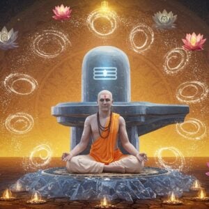 A serene Indian yogi in pristine white dhoti seated in padmasana on a crystalline platform, his forehead adorned with three horizontal vibhuti lines glowing with ethereal white light. Sacred ash (vibhuti) particles float around him in spiral patterns, creating luminous mandalas in the air. Behind him, a large, modernistic Shiva lingam made of translucent crystal emanates soft blue light. The background features a blend of traditional Madhubani patterns and futuristic sacred geometry in gold and saffron hues. Multiple floating lotus flowers in pastel pink and white surround the scene, each containing a different siddhi (mystical power) represented by subtle symbolic elements. The overall composition is bathed in a combination of cool moonlight and warm golden light, creating a dreamlike atmosphere. The scene incorporates subtle holographic elements and quantum patterns, suggesting the bridging of ancient wisdom with future consciousness. Hyperrealistic digital art style with strong attention to texture details, especially in the vibhuti's powder-like quality and the yogi's peaceful expression.