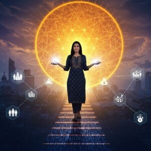 A young Indian woman in her late 20s with contemporary fusion attire (modern kurti with palazzo pants in deep navy and gold), standing confidently atop a metaphorical staircase made of glowing digital circuits and traditional mandala patterns. Behind her, a massive rising sun created from interconnected geometric patterns in saffron and gold. Her silhouette is illuminated by warm ethereal light, casting a long shadow that transforms into multiple helping hands reaching out to others. The background features a blend of modern city skyline and traditional Indian architectural elements, all rendered in a dreamy palette of peacock blue, royal purple, and burnished gold. Floating around her are small, glowing lotus flowers transforming into digital icons representing success, leadership, and growth. The art style combines hyperrealistic portrait details with Madhubani-inspired patterns in the decorative elements. Dynamic light rays emerge from her hands, connecting to simplified human figures below, symbolizing impact and influence. The overall composition has a surreal, uplifting quality with soft bokeh effects and subtle sacred geometry patterns in the background.