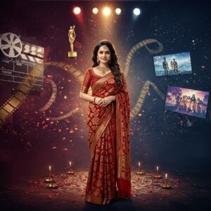 A stunning portrait of an elegant Indian actress in a sophisticated red and gold designer saree, gracefully posed against a backdrop of vintage movie reels and modern digital screens floating in a dreamy space. She stands confidently center-frame, adorned with traditional kundan jewelry, her hair styled in a contemporary updo with loose curls. The scene transitions from classic black-and-white cinema aesthetics on one side to vibrant digital streaming platforms on the other, connected by floating golden film strips forming a mandala pattern. Soft spotlights create a dramatic theatrical ambiance, while scattered rose petals and stardust add a magical touch. The color palette features deep maroons, burnished golds, and midnight blues. The background includes subtle motifs of awards and accolades in metallic gold, creating depth. The lighting is dramatic yet warm, with a soft ethereal glow around the subject. Art style combines photorealistic portraiture with stylized Madhubani-inspired decorative elements in the borders, rendered in high-end digital art quality. The composition suggests both glamour and artistic depth, with a contemporary Bollywood aesthetic.