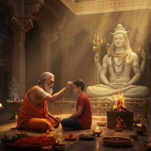 A serene Indian temple courtyard at dawn with golden sunlight streaming through ornate pillars, where a dignified elderly priest with traditional markings applies sacred vibhuti ash in three perfect horizontal lines on a young devotee's forehead. The vibhuti glows with a subtle divine white aura. In the background, a larger-than-life marble statue of Lord Shiva seated in meditation, with prominent vibhuti lines across his forehead, chest, and arms. Smoke from sacred yagna fire swirls mystically in the air, forming ethereal patterns. The scene features intricate Madhubani-style patterns on temple walls in deep maroon and peacock blue. Multiple brass oil lamps with floating wicks create a warm, spiritual atmosphere. Ornate mandala patterns radiate from the central scene, incorporating traditional symbols like trishul and damaru. The lighting is soft and mystical, with rays of light filtering through incense smoke. Rendered in a harmonious blend of traditional Indian art and modern digital aesthetics, with rich gold and saffron tones dominating the color palette. Hyperrealistic details in the vibhuti texture and temple architecture, with a dreamy, spiritual quality to the overall composition.