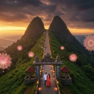 A breathtaking aerial view of Vilangan Hills at golden hour, with the iconic twin peaks rising majestically against a dramatic sky painted in deep oranges and purples. The winding pathway to the hilltop temple glows with warm lantern lights, creating a luminous trail through the lush green landscape. In the foreground, a young Indian couple in modern casual wear (the man in a crisp white shirt and the woman in a contemporary kurti) stand at a stylized entrance gateway adorned with traditional Kerala architectural elements and modern digital displays. The scene features ethereal floating lotus flowers and mandalas in soft pastel hues of pink and gold, creating a mystical atmosphere. The hills are surrounded by a subtle mist, with rays of sunlight breaking through, highlighting the natural beauty. Small groups of visitors can be seen at various viewpoints, their silhouettes adding depth to the scene. The art style combines hyperrealistic landscape photography with magical realism, incorporating both traditional Kerala architectural patterns and modern design elements, rendered in a serene, spiritually uplifting aesthetic.