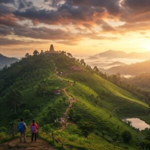 A breathtaking aerial view of Vilangan Hills at golden sunset, showcasing lush green slopes dotted with traditional Kerala-style houses in the distance. The foreground features two young Indian hikers (male and female) in modern trek wear standing at a scenic viewpoint, their silhouettes perfectly framed against the dramatic sky with cotton-candy pink clouds. The scene is illuminated by warm, golden sunlight filtering through the clouds, creating long shadows across the hills. Winding pathways lead up the hillside, adorned with native flora including rubber plantations and spice gardens. A serene pond reflects the sky at the hill's base. Small groups of pilgrims can be seen ascending to the hilltop temple. The art style combines hyperrealistic digital photography with ethereal lighting and rich, deep colors characteristic of Madhubani art, particularly in the sky and foliage patterns. Soft mist rises from the valleys, creating a mystical atmosphere. The overall composition should be cinematic and inspiring, with elements of both adventure and spirituality.