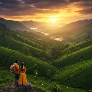 A breathtaking aerial view of Vilangan Hills at golden hour, showcasing lush emerald-green slopes covered in traditional Kerala spice plantations. In the foreground, a young Indian couple in modern hiking attire with traditional Kerala elements (the woman wearing a contemporary version of kasavu mundu) stands on a naturally formed rock viewpoint. They're gazing at the panoramic vista where mist-covered valleys meet the Western Ghats. The scene features traditional Kerala architectural elements like small thatched-roof houses nestled among the hills. The sky displays a dramatic blend of deep orange and purple hues, with rays of sunlight piercing through monsoon clouds. Ethereal golden light bathes the landscape, highlighting meandering streams and small waterfalls. The scene includes delicate Madhubani-style border elements in gold and peacock blue, featuring stylized coconut palms and cardamom plants. The lighting is warm and mystical, creating a serene yet adventurous atmosphere. Art style should be photorealistic with magical realism elements, rendered in high detail with rich, deep colors typical of Kerala landscape.