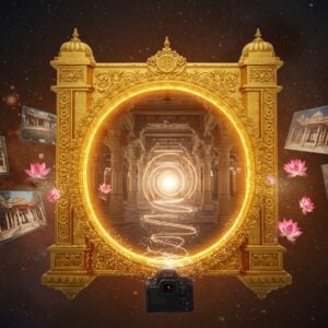 A serene digital portal floating in cosmic space, shaped like an ornate golden Indian temple archway with intricate Madhubani patterns. Through the portal, a stunning ancient temple interior is visible, bathed in divine light rays. A modern DSLR camera hovers in the foreground, its lens emitting magical light spirals that transform into digital particles. The scene features floating lotus flowers transitioning from physical to digital forms, with some appearing as high-resolution photographs and others as ethereal 3D holograms. Multiple translucent screens showing different temple perspectives float around the portal, each captured in stunning photographic detail. The background blends traditional Pattachitra art style with modern digital elements, featuring glowing mandalas and sacred geometry patterns in peacock blue and saffron. Soft ambient lighting creates a mystical atmosphere, with subtle lens flares and bokeh effects. The entire composition suggests a bridge between physical and virtual spiritual experiences, rendered in photorealistic detail with surreal elements.