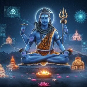A majestic digital visualization of Lord Shiva in meditation pose, floating in a cosmic virtual space, rendered in hyper-realistic 3D. His four hands hold a trishul, damaru, rudraksha mala, and abhaya mudra. He wears a crescent moon, has the Ganga flowing from his matted hair, and a serene expression with half-closed eyes. Around him are multiple holographic projections of famous Shiva temples including Kedarnath, Kashi Vishwanath, and Rameshwaram, each temple glowing with ethereal blue light. The scene is illuminated by floating digital mandalas and sacred geometry patterns in gold and electric blue. Translucent streams of data particles flow like virtual offerings, forming Om symbols and trishuls. The background features a gradient of deep space blues and purples with scattered stars. Traditional Madhubani patterns merge seamlessly with futuristic interface elements. A soft mist of vibhuti particles adds depth, while digital lotus flowers float at the base. The lighting creates a divine aura with rays of light emerging from Lord Shiva's third eye. Photorealistic rendering, cinematic lighting, ultra-detailed, spiritual atmosphere with modern technological elements.