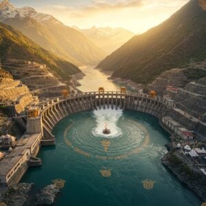 A majestic aerial view of the Vishnuprayag Hydroelectric Project nestled in the Himalayan mountains, where the sacred Alaknanda and Dhauliganga rivers meet in a stunning confluence. The dam structure appears modern yet harmonious with nature, rendered in photorealistic detail with gleaming steel and concrete. Massive turbines visible through crystal-clear water, creating a mesmerizing swirl pattern. The scene is bathed in golden sunset light, casting long shadows across the snow-capped peaks. Traditional Madhubani-style decorative patterns appear as water ripples. Prayer flags flutter in the wind, adding spots of vibrant colors - red, blue, yellow, and white. Swirling energy patterns in peacock blue and saffron represent hydroelectric power generation. The composition includes miniature traditional temples on the riverbanks, their spires reflecting in the water. The scene is framed by intricate mandala patterns in the corners, featuring turbine-inspired geometric designs in gold and silver. Ethereal mist rises from the water, creating a dreamlike atmosphere while maintaining technical accuracy of the infrastructure.
