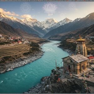 A majestic aerial view of Vishnuprayag confluence, where the crystal-clear turquoise Alaknanda River meets the pristine white waters of Dhauliganga, forming a divine Y-shaped merger against snow-capped Himalayan peaks. In the foreground, an intricately detailed traditional stone temple with carved pillars sits on a rocky outcrop, surrounded by prayer flags fluttering in the wind. The scene is captured during golden hour, with soft sunlight casting long shadows across the mountainous terrain. Traditional Madhubani-style borders frame the scene, featuring geometric patterns in deep indigo and gold. Mountain trails wind through the landscape, dotted with tiny figures of trekkers and pilgrims. Floating lotus flowers and mandala patterns in ethereal pastels overlay the sky, while wispy clouds create a dreamlike atmosphere. The perspective shows the dramatic altitude, with terraced hills and distant peaks creating depth. The art style combines hyperrealistic landscape photography with mystical Indian art elements, emphasizing both the geographical grandeur and spiritual significance of the location.