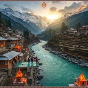A breathtaking aerial view of Vishnuprayag, where the emerald-blue Alaknanda River meets the crystal-clear Dhauliganga River in a dramatic confluence, surrounded by snow-capped Himalayan peaks. The scene features traditional Garhwali architecture with wooden and stone guest houses nestled along the terraced mountainside, their roofs adorned with prayer flags fluttering in the wind. In the foreground, a modern glass-and-stone viewing platform extends over the rushing waters, while small groups of travelers in colorful winter gear explore the area. The lighting captures the golden hour, with sun rays filtering through clouds, creating a mystical atmosphere. Intricate Madhubani-style border patterns frame the scene, incorporating sacred symbols like the Vishnu chakra and lotus motifs in gold and deep blue. The mountain peaks are rendered in a detailed, photorealistic style, while the water features ethereal, glowing elements suggesting spiritual significance. Traditional prayer bells and small shrines dot the landscape, with soft glowing diyas creating points of warm light throughout the scene. The art style combines hyperrealistic landscape photography with traditional Indian artistic elements, creating a seamless blend of modern and ancient aesthetics.
