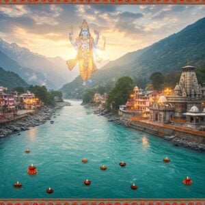 A majestic aerial view of Vishnuprayag's sacred confluence, where the crystal-clear turquoise Alaknanda River merges with the milky-white Dhauliganga River, creating a divine spectacle against the backdrop of snow-capped Himalayan peaks. A large, ornate stone temple complex in traditional Nagara architecture style sits on the riverbank, its spires reaching skyward. Lord Vishnu appears as a ethereal, translucent figure floating above the confluence, with four arms holding the Sudarshan Chakra, conch shell, lotus, and mace, blessing the sacred site. The scene is illuminated by golden divine light breaking through clouds, casting intricate mandala shadows on the waters. Traditional Madhubani-style patterns and motifs frame the scene, featuring stylized lotus flowers, peacocks, and sacred symbols in deep maroon, saffron, and royal blue. Floating diyas and flower petals dot the swirling waters. The atmosphere is mystical with soft mist rising from the rivers, creating a dreamlike quality. Art style should blend photorealistic landscape photography with traditional Indian artistic elements and divine supernatural elements.