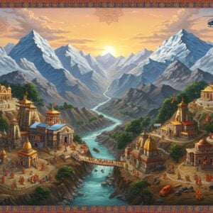 A majestic aerial view of the sacred Himalayan pilgrimage route, rendered in a blend of Madhubani and modern digital art style. The winding mountain roads connect four distinctly visible holy sites, marked by ancient temple architecture glowing with divine golden light. Snow-capped peaks in deep blues and whites dominate the background, while the foreground shows detailed topographical elements in rich earthy browns and greens. Traditional devotees in colorful traditional attire are seen walking along the paths. Sacred rivers Alaknanda and Mandakini flow through the scene in brilliant turquoise, their confluence points marked by subtle golden mandalas. The scene is illuminated by a warm sunset creating long shadows across the mountains, with ethereal rays of light breaking through clouds. Floating lotus patterns and intricate geometric Himalayan motifs frame the corners. The Badrinath temple's distinctive architecture is prominently featured with its characteristic golden spires, while Kedarnath temple sits amidst snowy peaks. Modern vehicles and helicopters are subtly integrated into the scene, suggesting contemporary travel options. The entire composition is encompassed by a soft, mystical haze that gives it a spiritual ambiance, with rich details in maroon, saffron, and peacock blue tones.