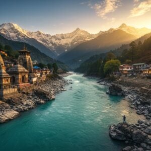 A breathtaking aerial view of Vishnuprayag confluence where turquoise Alaknanda river meets the crystal-clear Dhauliganga, creating a stunning Y-shaped merge against snow-capped Himalayan peaks, realistic water ripples reflecting golden sunrise light, ancient stone temples on the riverbank with intricate Nagara architecture, prayer flags fluttering in the wind, detailed rock formations in earthy browns and greys, morning mist hovering over the water surface, a lone photographer with professional camera equipment silhouetted on a rocky outcrop, composition following rule of thirds, soft ethereal glow around the confluence, miniature traditional houses dotting the mountainside, pine trees in deep greens, hyper-realistic water details, dramatic cloud formations in morning sky, subtle lens flare effect, deep perspective showing the vastness of the valley, Madhubani-style decorative patterns in the sky margins, photorealistic mountains with detailed snow textures, cinematic lighting emphasizing the sacred nature of the site, 8k resolution, ultra-detailed