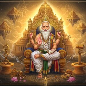 A divine portrayal of Lord Vishwakarma seated on an ornate golden throne, depicted as a wise elderly sage with four arms - holding a book (shastras), measuring tools (measuring tape and compass), and craftsman's tools (hammer) in each hand. He wears traditional white dhoti and angavastram with intricate gold embellishments. Behind him, a massive architectural mandala structure floats in the air, combining elements of ancient temples, modern buildings, and cosmic geometric patterns. The scene is illuminated by a warm, ethereal light creating halos around intricate tools and machinery floating in a spiral pattern. In the foreground, detailed crafting instruments rendered in gold and copper tones emerge from stylized lotus flowers. The background features subtle representations of his divine creations - glimpses of celestial architecture, floating cities, and divine weapons, all rendered in a combination of Madhubani and modern digital art style. The color palette focuses on deep golds, burnished copper, royal blues, and celestial whites, with flowing energy streams connecting various elements. The scene is enhanced with glowing Sanskrit symbols and delicate geometric patterns that emit a soft, divine radiance.