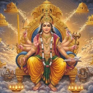 A majestic portrait of Lord Vishwakarma as a divine architect, seated on an ornate golden throne with celestial craftsmanship. He has four arms - holding divine tools: a measuring stick (dandaka) in upper right hand, a craftsman's hammer in upper left hand, a book of designs in lower right hand, and creation tools in lower left hand. He wears traditional golden dhoti with intricate Madhubani patterns, adorned with celestial jewels. Behind him, a grand ethereal workshop floating in clouds, featuring partially constructed divine palaces, golden chariots, and celestial weapons in various stages of completion. Surrounding him are animated tools and instruments glowing with divine energy. The scene is illuminated by soft, warm golden light with sparkles of divine craftsmanship. The background features a massive mandala pattern incorporating architectural elements, geometric shapes, and traditional Indian motifs. The art style combines hyperrealistic digital rendering with traditional Pattachitra patterns. Multiple peacock-blue and saffron energy streams flow through the scene, connecting various divine creations. His face should reflect divine wisdom with a serene expression, wearing a golden crown with intricate architectural elements.